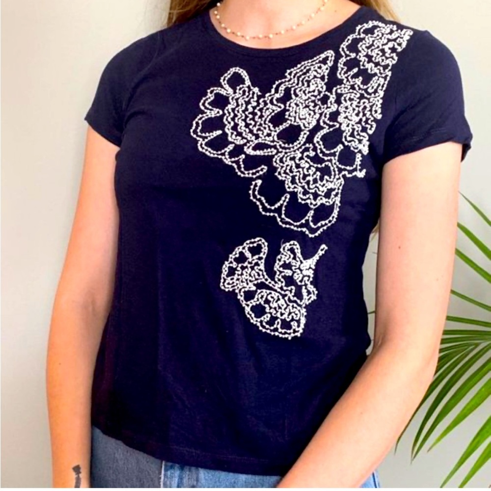 Talbots Navy Tee with White Floral Design